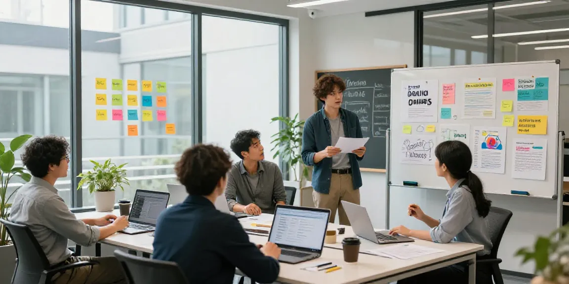 Team collaborating with AI brand slogans generator ideas in modern office.