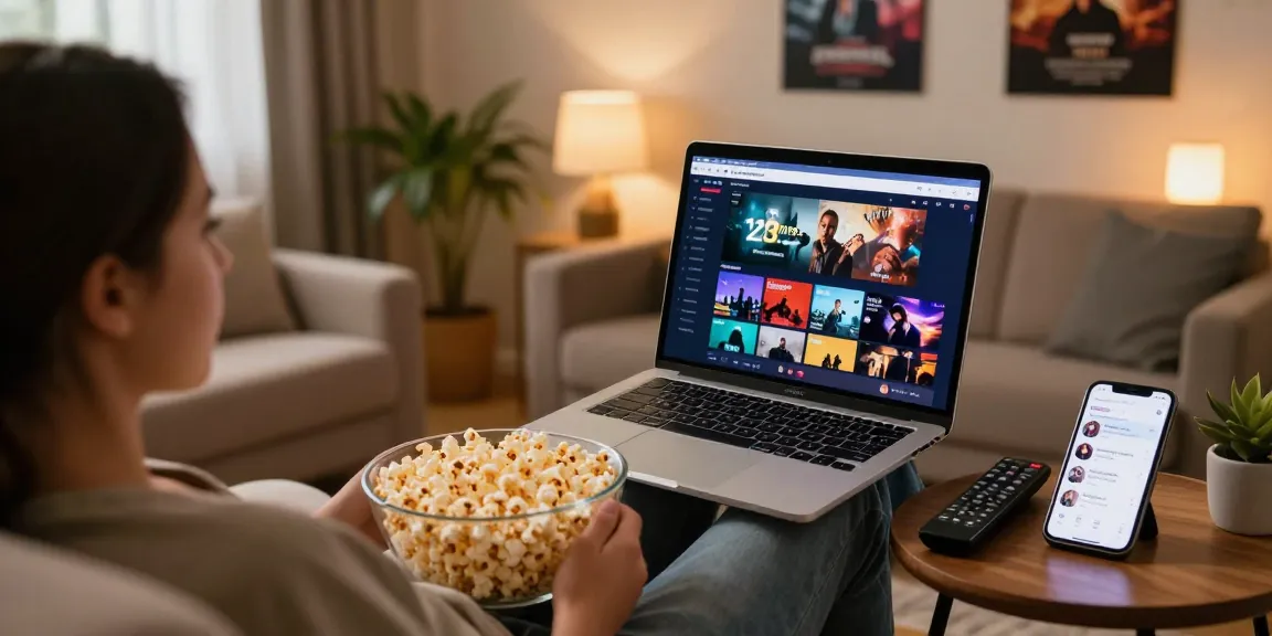 Enjoying 123movies streaming experience in a cozy living room with popcorn and warm lighting.