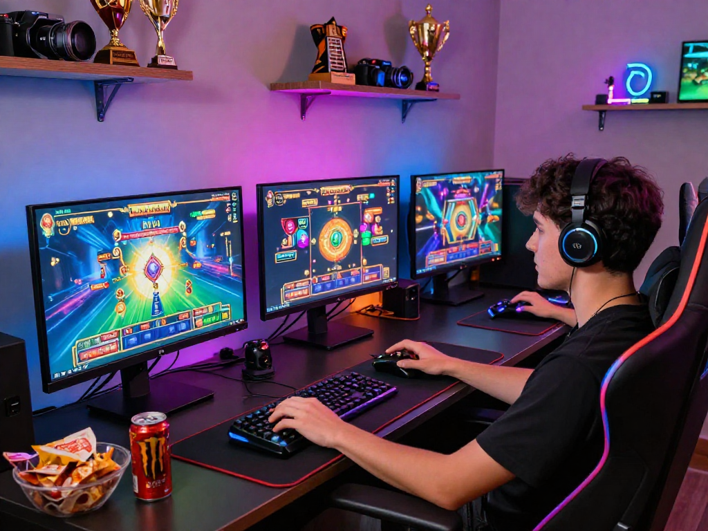 Player enjoying slot gacor on multiple monitors in vibrant gaming setup