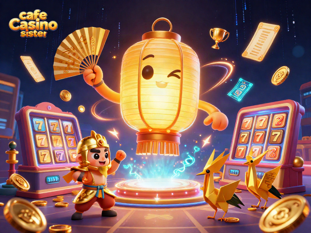 Experience excitement at cafe casino sister casinos with energetic slots, golden tokens, and vibrant characters!