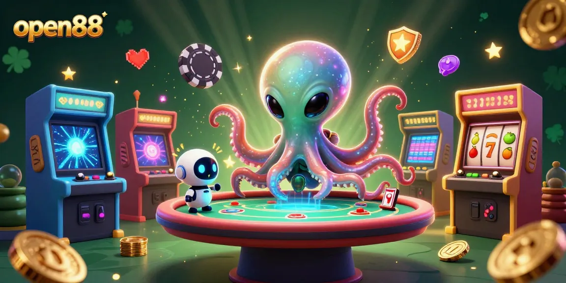 Engage in thrilling gameplay at open88 with an alien octopus at a holographic poker table amidst colorful gaming elements.