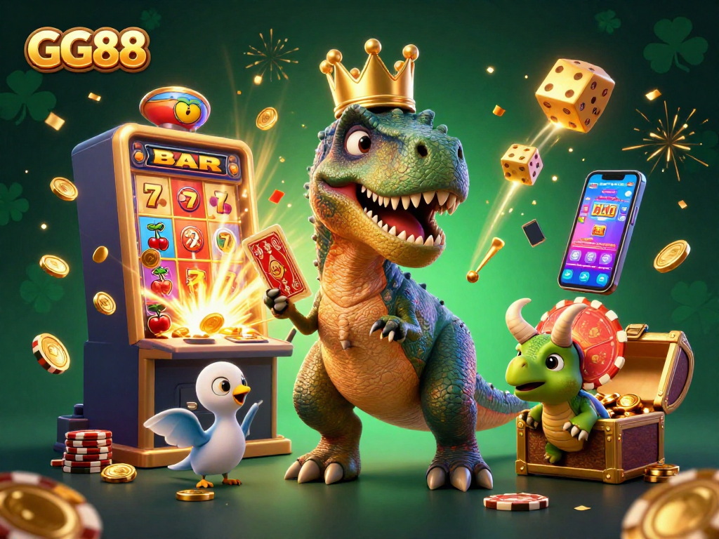 Join the fun with GG88 as friendly dinosaurs play cards and stack chips in a vibrant casino scene.