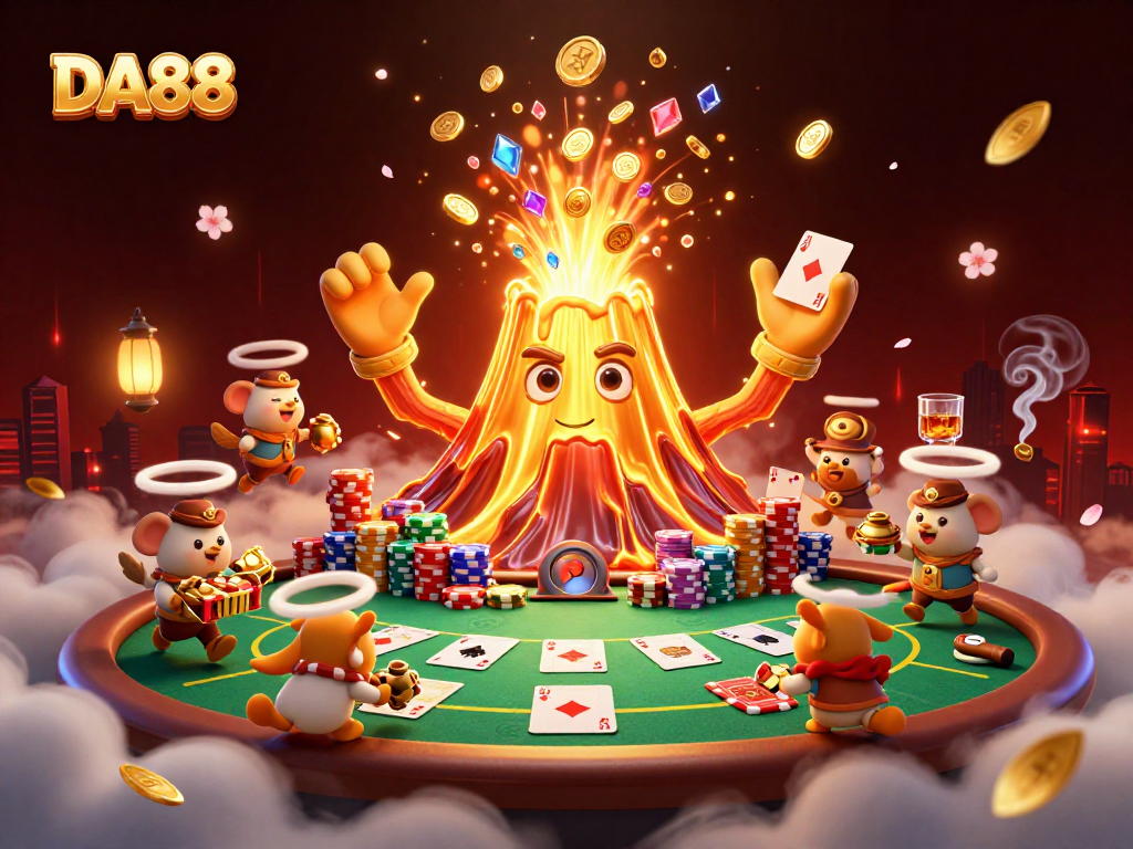 Experience the thrill of DA88 with a golden volcano erupting treasure amidst poker elements.