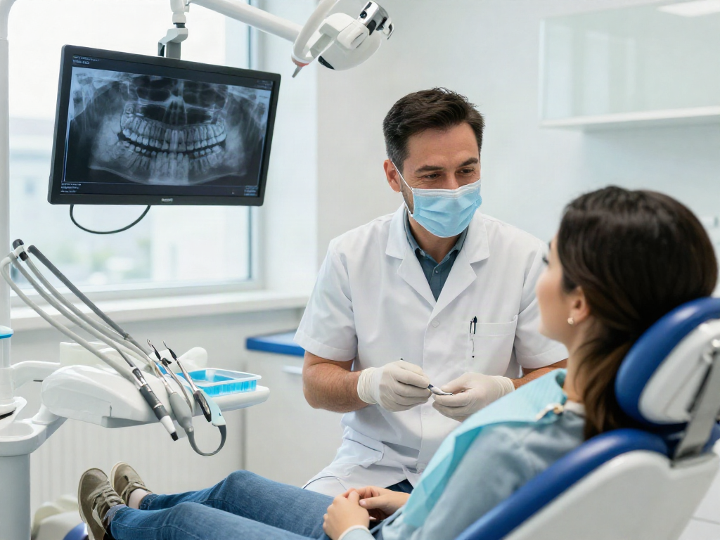 Dental implants OC consultation in a modern dental clinic with a friendly dentist and patient.