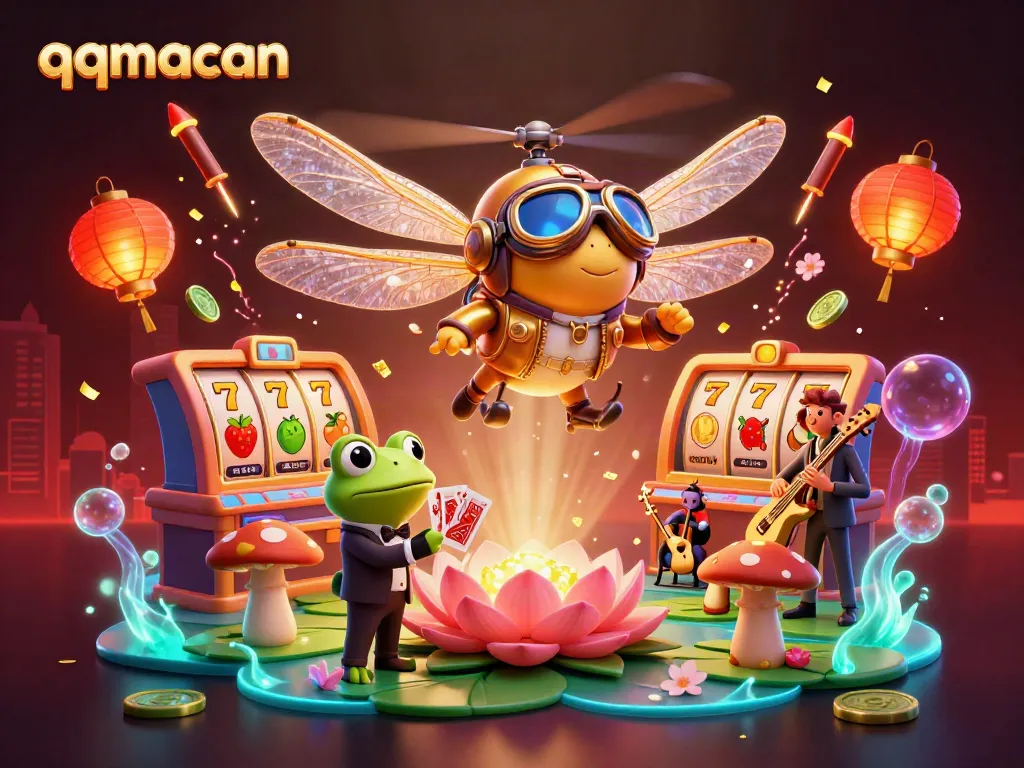 Experience the vibrant gaming scene of qqmacan with a dragonfly pilot, frog croupier, and jazz musicians amidst sparkling slot elements.