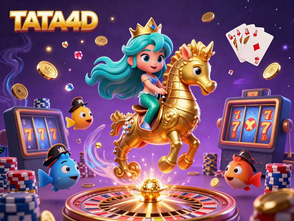Experience the thrill with TATA4D where a mermaid princess rides a giant seahorse amidst dynamic casino elements.
