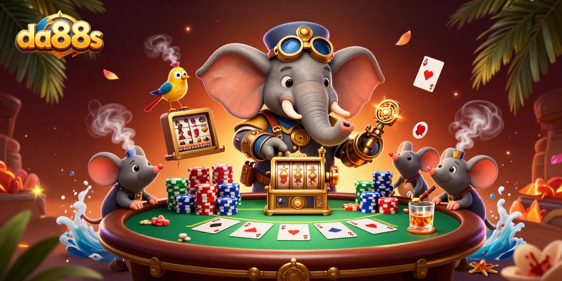 Experience thrilling gameplay at da88s with a vibrant steampunk casino scene featuring slot machines, poker chips, and more.