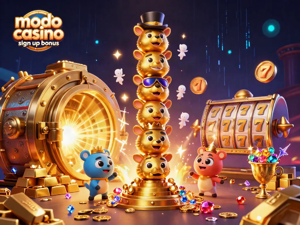 Experience the excitement of the modo casino sign up bonus with stacked animal faces, gold treasures, and vibrant casino elements.