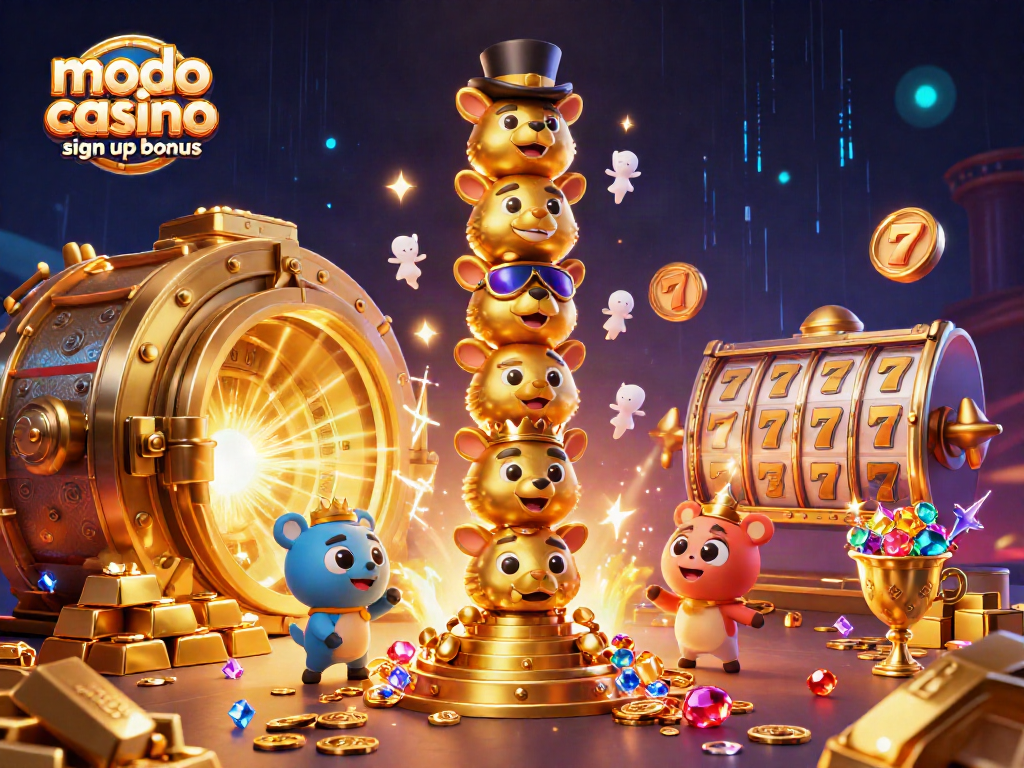 Experience the excitement of the modo casino sign up bonus with stacked animal faces, gold treasures, and vibrant casino elements.