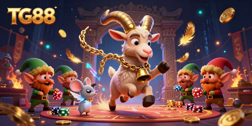 Engage in exciting gameplay at TG88 with a lively casino scene featuring gremlins stealing poker chips and festive characters.