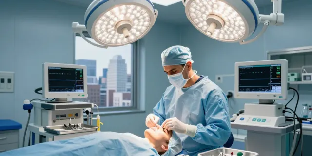 Dr. Zahi Abou Chacra in a surgical room, preparing for rhinoplasty surgery.