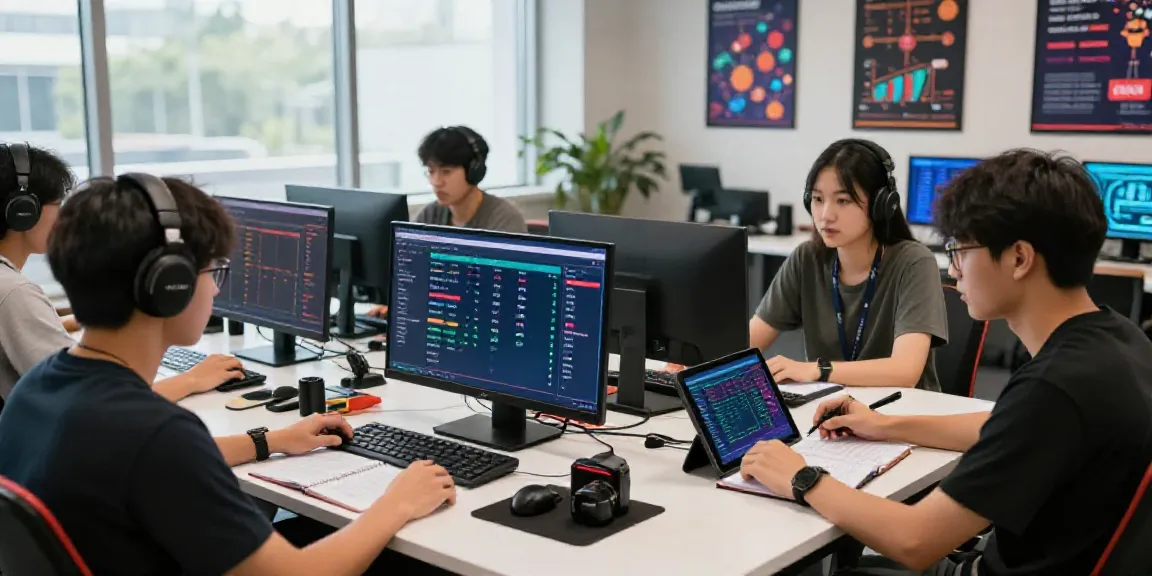 Dynamic togel gaming studio with focused individuals analyzing performance metrics on bright screens.