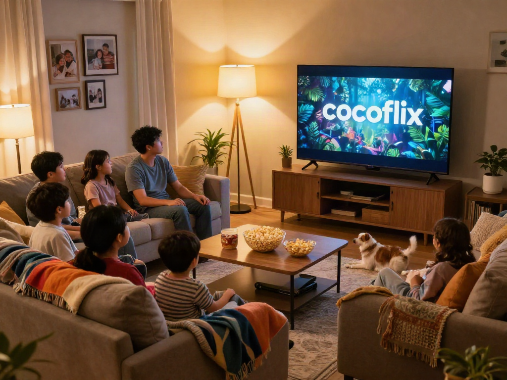 Family enjoying a movie night with cocoflix in a cozy living room.