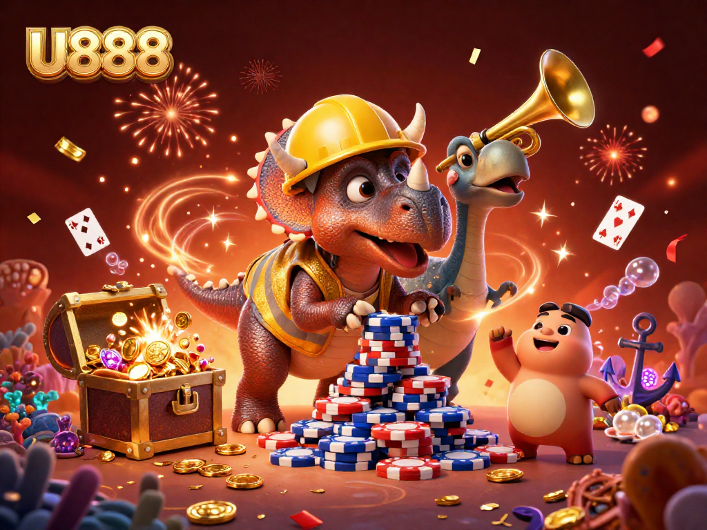 Experience U888 excitement with a vibrant 3D cartoon casino scene full of fun elements.