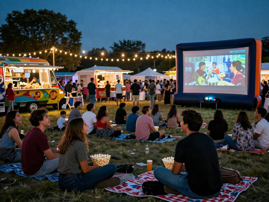 Audience enjoying a lively outdoor film screening at a festival, capturing the essence of filmyzilla.