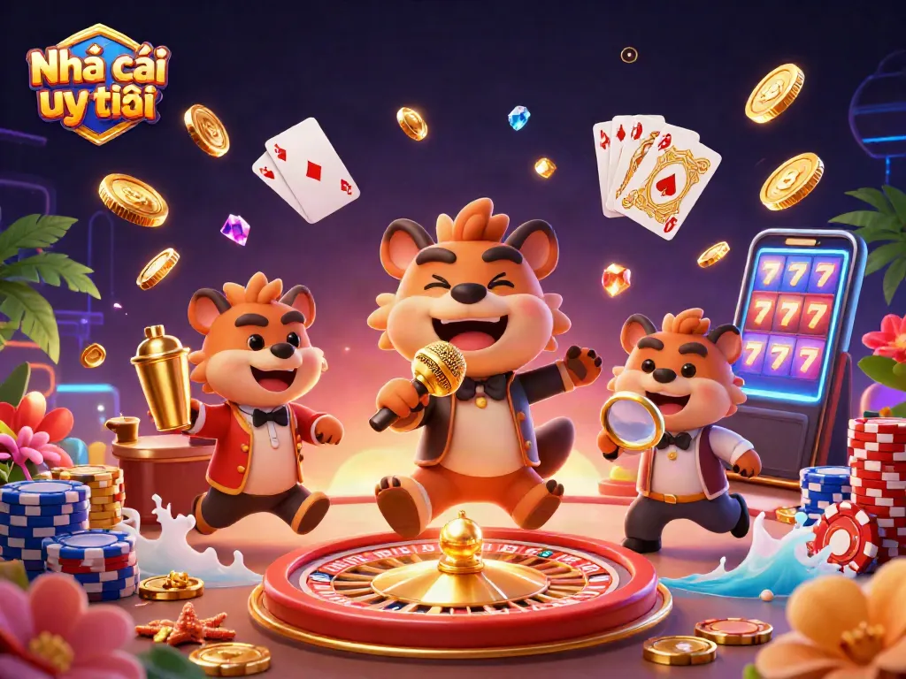 Experience fun at Nhà cái uy tín with lively hyenas in a vibrant casino scene, capturing the spirit of gambling.