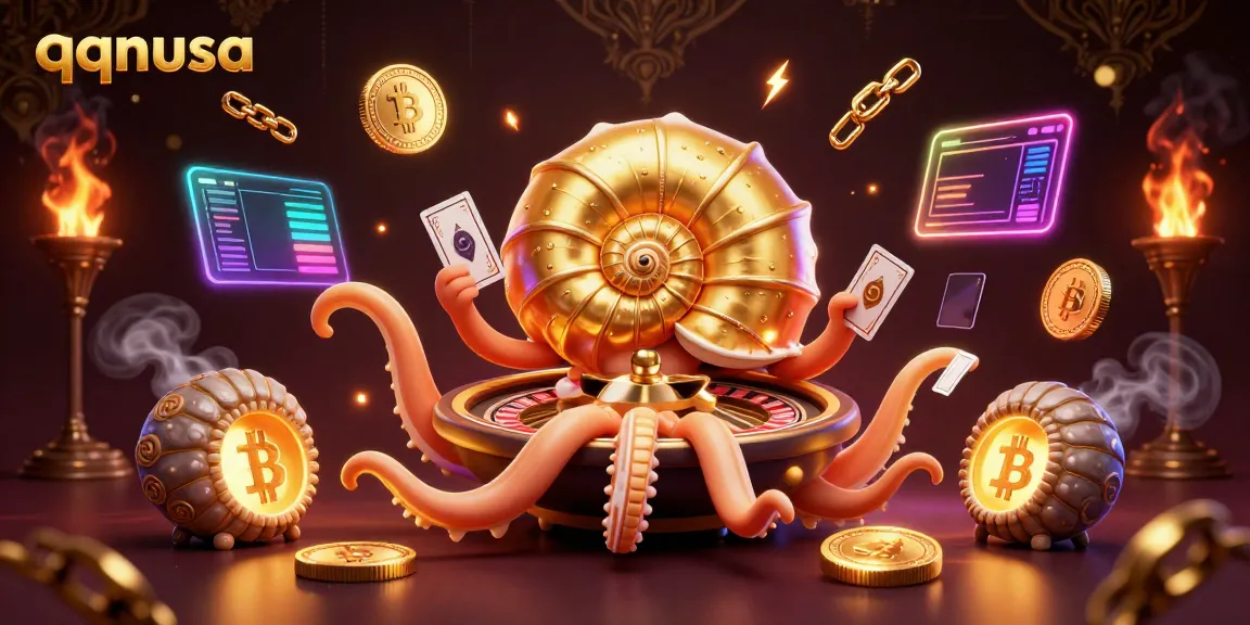 Engage with qqnusa's dynamic casino scene featuring ancient giant nautilus as a roulette wheel and crypto elements.