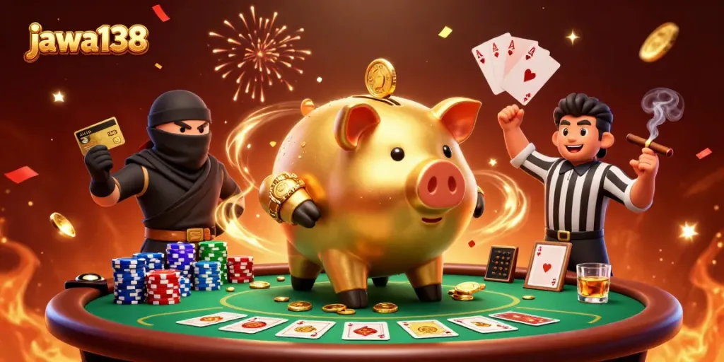 Bet big with jawa138, a vibrant scene featuring a golden piggy bank sumo wrestler amidst a poker table