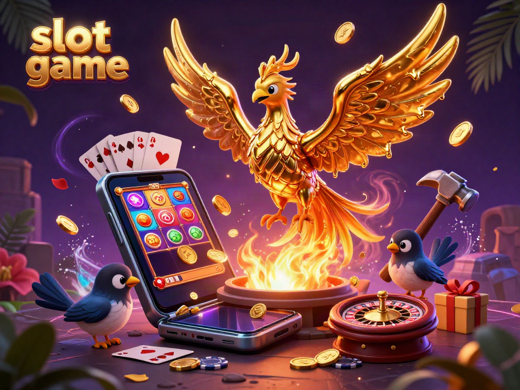Engage with slot game excitement as a molten phoenix and sparrows create coins amidst vibrant casino elements.