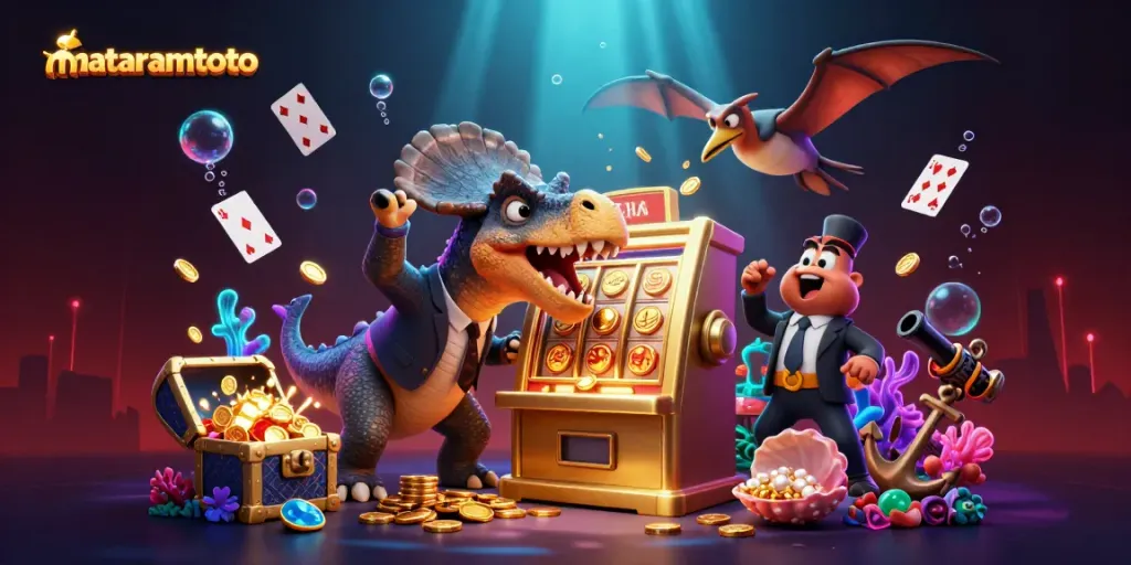 Mataramtoto jackpot win with a pachycephalosaurus and casino chaos in a vibrant casino scene