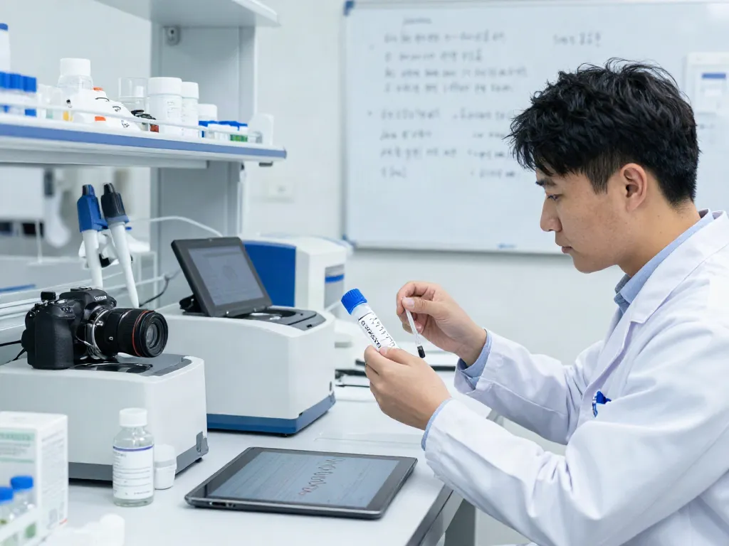 MOTS-C peptide for sale in a modern lab, highlighting research with vials and analysis tools.