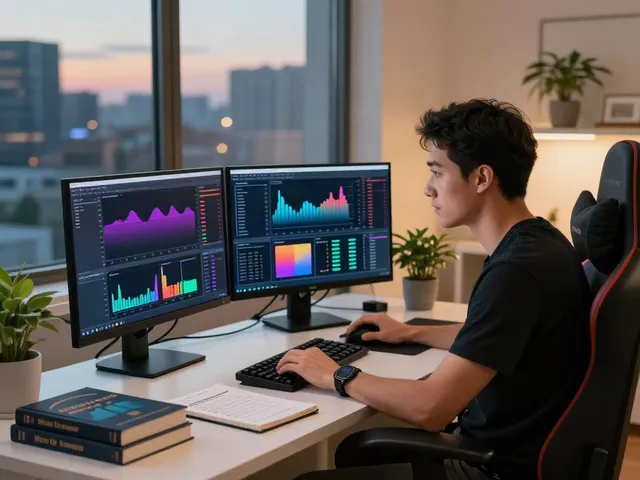 Trader using MetaTrader 5 in modern office with dual monitors and financial graphs.