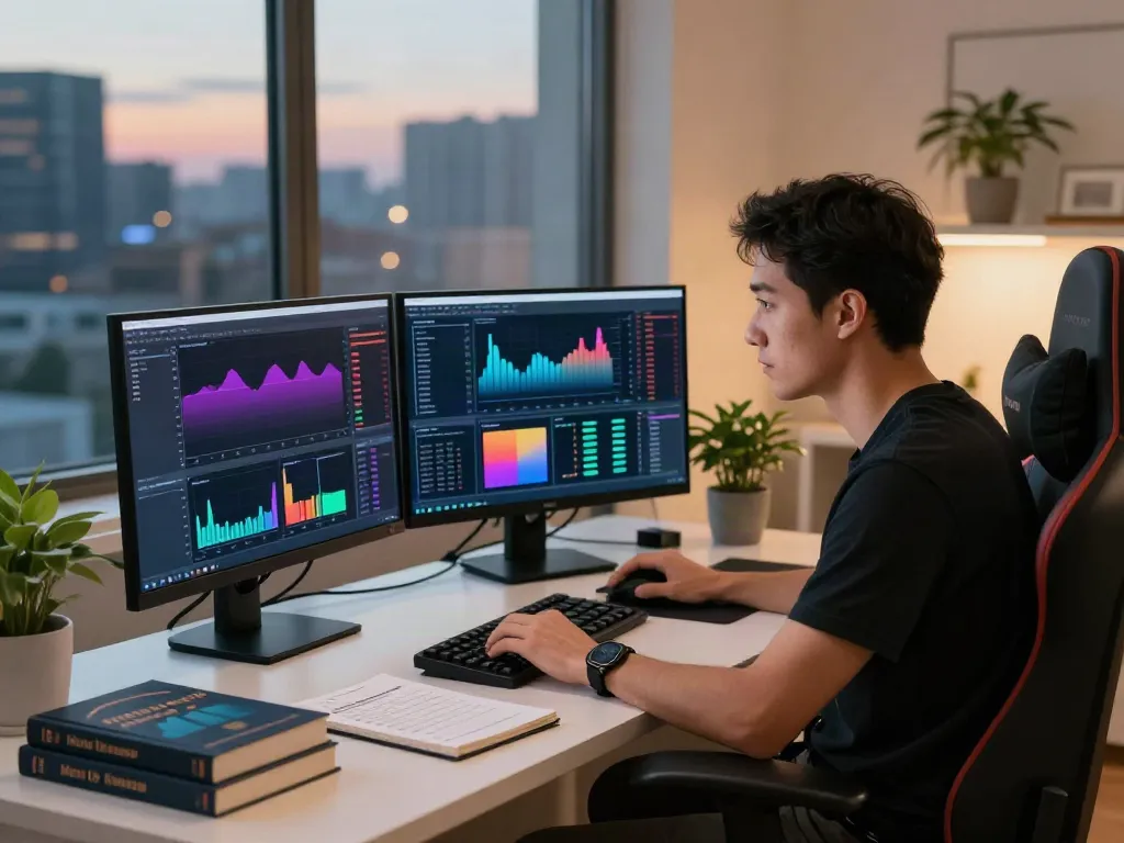 Trader using MetaTrader 5 in modern office with dual monitors and financial graphs.
