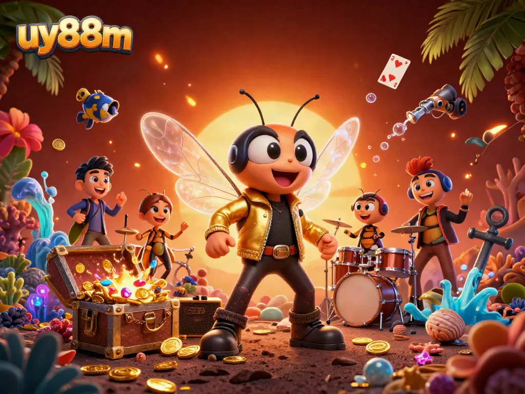 Experience the excitement of uy88m with a lively casino-inspired 3D illustration featuring rock star characters.