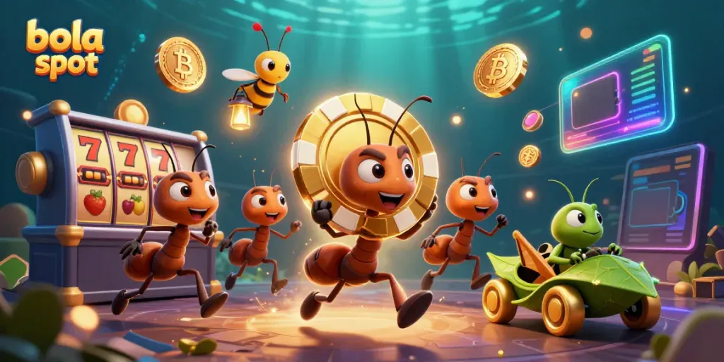 Experience the adventurous bola slot as ants carry a giant poker chip through a vibrant casino tunnel.