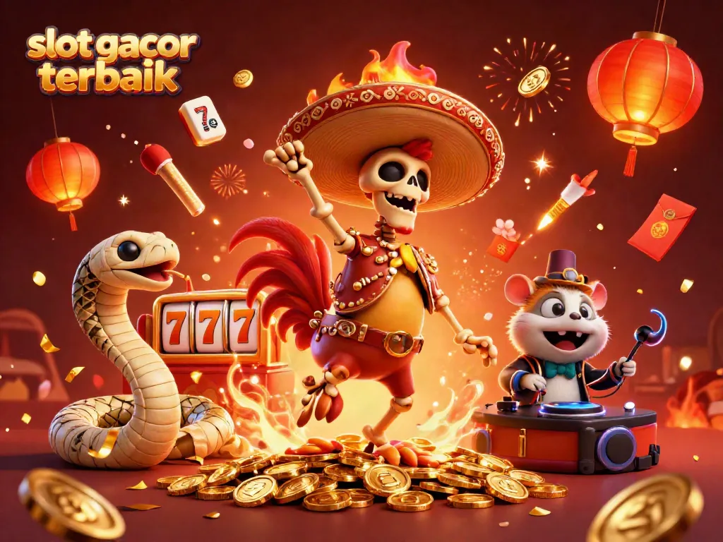 Animasi lucu slot gacor terbaik dengan karakter tengkorak dan mumi, dikelilingi simbol permainan