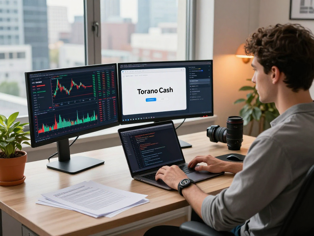 Innovative Tornado Cash workspace showcasing decentralized finance tools and charts in modern office.